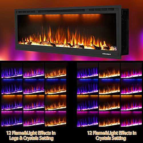 Dreamflame 60 Inch Electric Fireplace, Recessed And Wall Mounted Fireplace Heater, 750/1500W Thermostat With Remote Control, Realistic Flame Combinations, Black (60") #TOP1