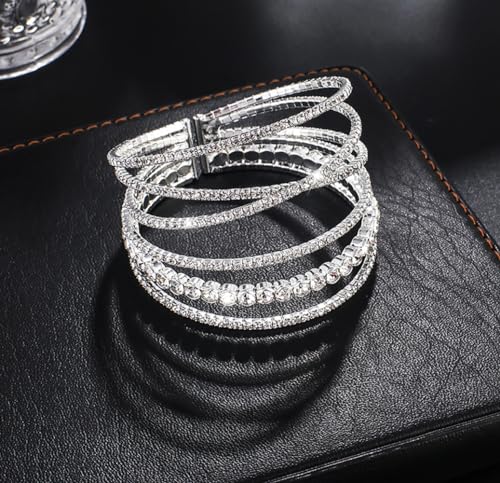 Rhinestone Cuff Bracelet for Women 2Pieces Multilayer Rhinestone Bracelet Sparkling Crystal Bridal Bracelet for Party Prom Wedding4