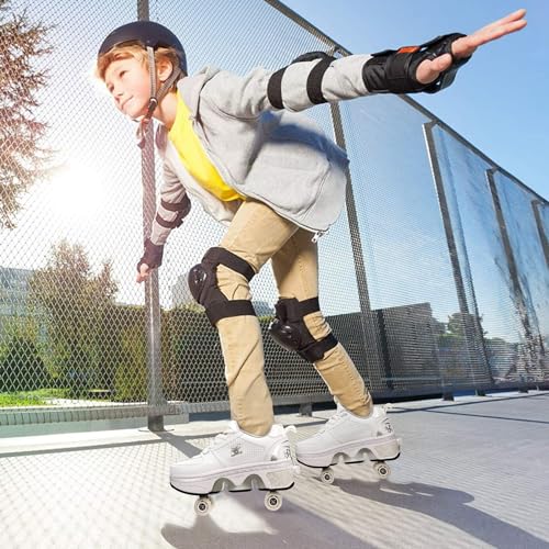 Image of Roller Skates for Women /Girls, Retractable Kick Roller Shoes with Wheels for Men, Outdoor Quad Wheel Rink Skates Adjustable Deformation Sneakers for Adult /Boys