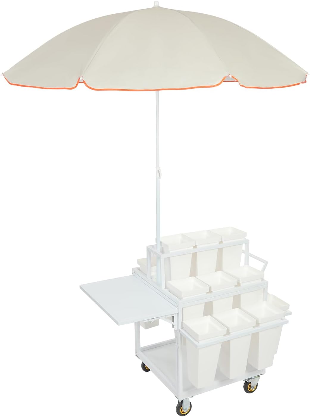 Flower Stand Cart, Rolling Flower Cart 18 Buckets 3 Tier, Heavy Duty Mobile Florist Display for Garden Wedding Market Street Vendor, White Metal Flower Rack with Umbrella, 23.62 Inch
