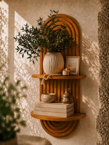 Boho Wall Shelf CNC Carved Wall-Mounted Shelf for Boho Wall Decor Functional Decorative Wooden Wall Decor Shelf Scandinavian Style for Entryway Bedroom Bathroom Living Room & Kids Room