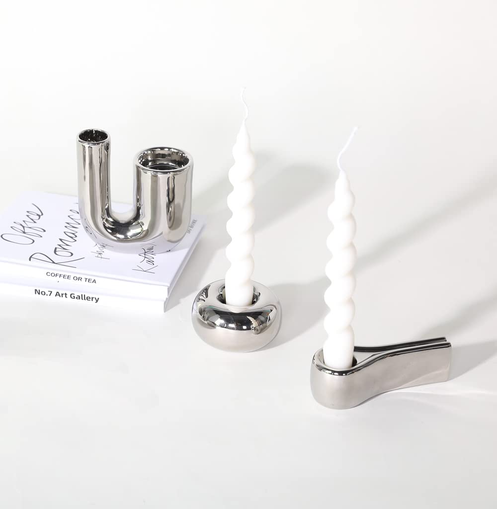 Lot de 3 bougeoirs en céramique argentée pour bougie chauffe-plat - Pour fête de mariage, décoration d'intérieur