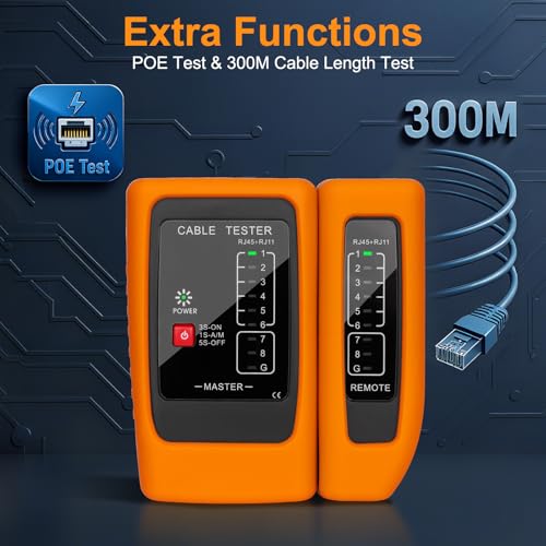 Image of Brileine Network Cable Tester and Ethernet Tester with POE Detection, 300m Remote RJ45 Tester for Cat5 /Cat6 Cable, Automatically Checks Continuity, Open, Short, Crossover (Battery Not Included)