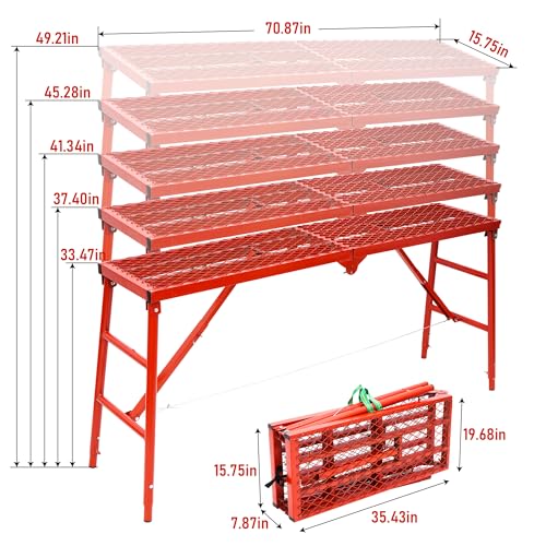bimiti Scaffolding Folding Work Platform Length 70.87in Width 14.96in Height Adjustable Folding Work Platform Galvanized Steel Welded Maximum Load Capacity 770lbs Adjustable Work Platform Red - Thumbnail 2