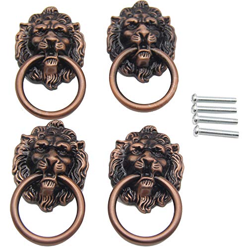 4 Pcs Vintage Lion Head Knobs Pulls Handles Antique Drawer Pull Ring Single Hole Decorative Hardware with Screws for Furniture Cabinet Cupboard Dresser, Antique Red Bronze 40 * 67mm/1.57 * 2.64 inch