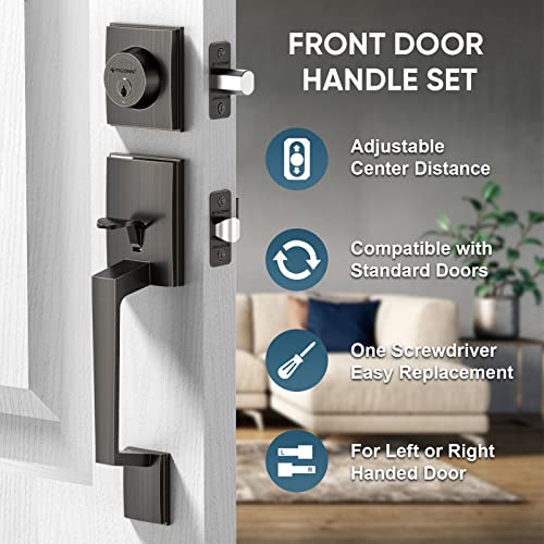 Image of TICONN Front Door Handle Set, Heavy Duty Square Door Lever & Single Cylinder Deadbolt Combo Reversible for Entrance Exterior Doors (Oil Rubbed Bronze)