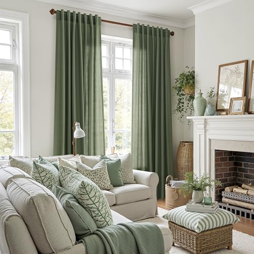 Image of Nanspring Forest Green Linen Curtains for Living Room 120 Inches Long Light Filtering Semi Sheer Curtain Back Tab Wabi Sabi Boho Decor Floor to Ceiling High Window for Bedroom Office 52x120, 2 Panels