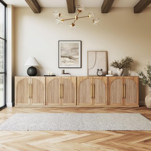 Image of BELLEZE Set of 2 65 inch Sideboard Cabinet with Double-Arc Wood Doors, Large Buffet Cabinet with Storage and Adjustable Shelves, Classic Modern Console Sideboard for Living Room Kitchen Entryway (Camel)