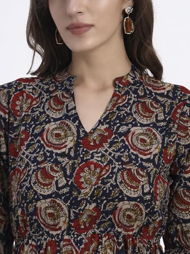 Image of Women's Fit and Flare Dress I Pure Cotton Long Summer Maxi Dress I V-Neck I Casual Wear I Printed Kalamkari Floral Middi