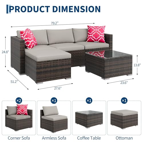 GAOMON 5-Piece All-Weather Patio Furniture Set, Convertible Outdoor Sectional Sofa with Ottoman & Tempered Glass Table, PE Rattan Conversation Set for Garden, Backyard, Porch, Poolside - Thumbnail 2