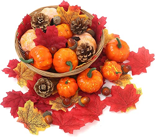 Jiosdo 70er Künstliche Kürbisse Deko Set, Halloween Kürbis Deko, Herbst Thanksgiving Dekorationen, Mini Kürbisse Tannenzapfen Herbstblätter Eicheln für Herbstdekoration Halloween Partydekor Cover