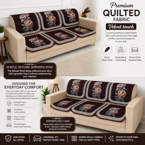 Image of Homerz 'Brooklyn Series' Premium Sofa Cover | Quilted Floral Design | Non-Slip Washable Sofa Protector | Soft Anti Slip Fabric (Ny Brown, 6 (3+2+1) Seater, Seat Cover with Backrest)
