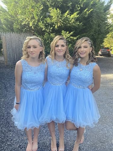 Image of Dydsz Women's Lace Applique Short Prom Dress A Line Tulle Homecoming Dresses Beaded Mini Graduation Party Dress