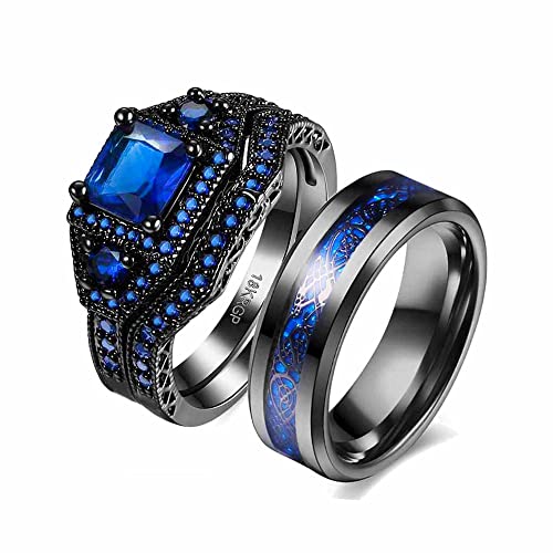 LOVERSRING Couple Ring Bridal Set His Hers Black Gold Filled Blue Cz Stainless Steel 10k Wedding Ring Band