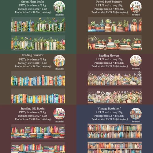 Image of 6 Rolls PET Washi Tape Set,Reading Themed Scrapbook Tape Stickers for Journaling,Junk Journal,Planner,DIY Arts Crafts,Notebook,Photo Frame,Phone Case(Book)