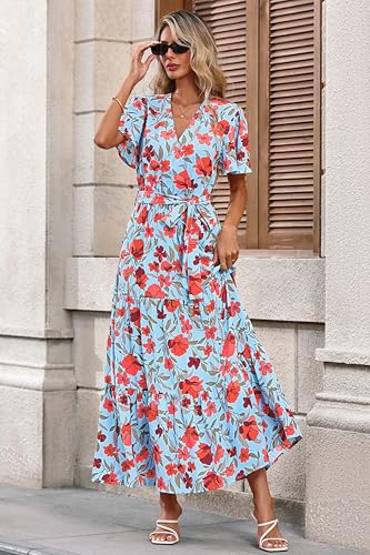 Image of MASCOMODA Women Boho Swiss Dot Maxi Dresses Wrap V Neck Flutter Short Sleeve Solid Tie Waist A Line Tiered Flowy Long Dresses