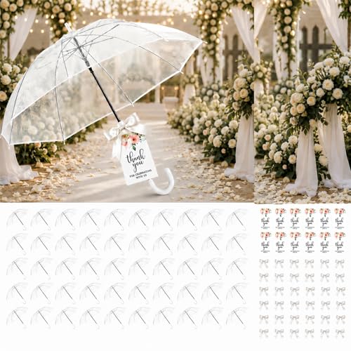 50 Pack Wedding Clear Umbrella Bulk for Rain Transparent POE Auto Open Large Windproof Stick Umbrellas with White J-Hook Handle for Guests Wedding Bride Groom Photography Prom Graduation Golf Parties Transparent Umbrella.