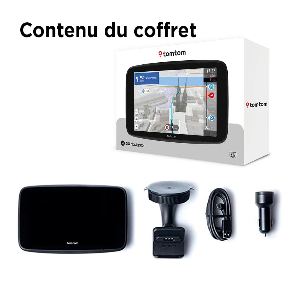 TomTom GPS GO Navigator (écran 7" extra-large, infos trafic en temps réel, alerte des zones de danger 1 an d'essai inclus, carte d'Europe, mise à jour via Wi-Fi, services Premium, fixation magnétique)