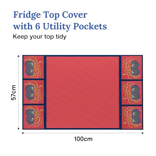 Image of Kuber Industries Cotton Fridge Top Cover | Washable & Anti-Dust Refrigerator Top Cover with 6 Utility Pockets for Kitchen | Polka Dot - Red