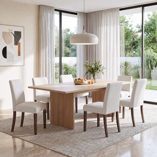 Image of Upholstered Dining Chairs Set of 6, Mid-Century Dining Room Chairs with Wooden Legs, Farmhouse Fabric Parsons Chairs for Small Space Restaurant & Cafe- Light Beige