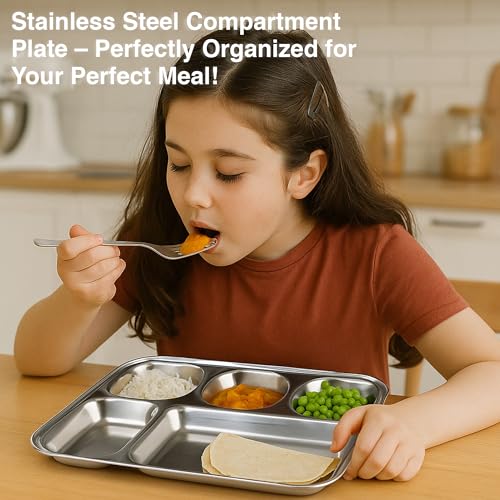 Image of Expresso 8 in 1 Rectangle Eight Compartment Divided Plate /Thali /Bhojan Thali /Mess Tray /Dinner Plate | Plates for Lunch /Dinner with Mirror Finish Stainless Steel Bhojan Plates Set of 5