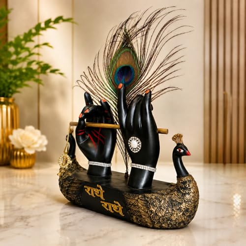 Radha Krishna Hands Showpiece with Peacock Feather, Black & Gold | Polyresin, 24 cm Height, Handcrafted Design, Authentic Peacock Feather, Radhe Radhe Inscription, Puja Room & Home Decor - Image 4