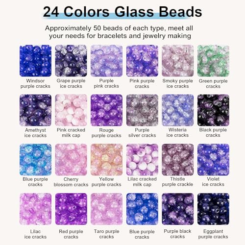 Image of XSEINO About 1200PCS 6mm Crack Glass Beads,24 Assorted Crack Violet Purple Series Colorful Crystal Beads for Bracelet and Jewelry Making and DIY Crafts,Friendship Bracelets