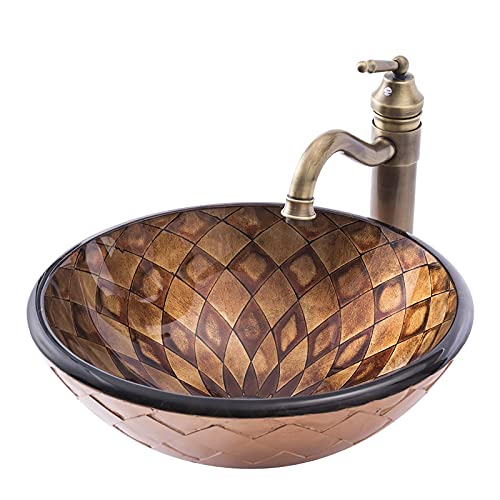 JIPOFAN Fregadero de baño Antiguo con Grifo y desagüe Combo de Recipiente Fregadero de Vidrio Templado Fregadero de encimera Redondo Marrón Arte sobre Fregadero de mostrador