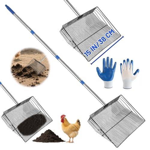 Image of 15 Inch Large Chicken Poop Scooper,4 in 1 Adjustable Chicken Coop Scoop, (25 to 71 inch) Adjustable Stainless Steel Handle Chicken coop Rake and Pair of Non-Slip Gloves, Chicken Coop Accessories