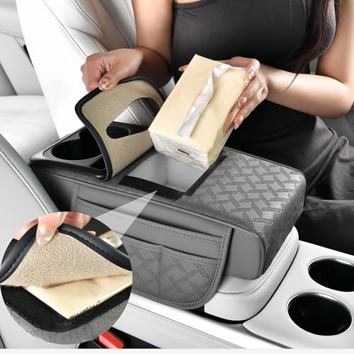 Primst Arm Rest Cover for Car, Leather Car Center Console Cover with Storage Bags, Center Console Cup Holder and Tissue Box, Cars Center Console Organizer