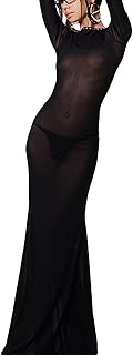 Women's Long Bodycon Dress See-Through Mesh Sheer Dress Long Sleeve Cross Tie-Up Backless Evening Party Dress