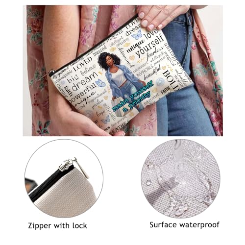 OUZ African American Makeup Bag, Black Women Cosmetic Bags Inspirational Gift, Funny Cosmetic Pouch Travel Bag for Women Sister Graduation Friendship Birthday Gifts- Make yourself a priority - Image 4