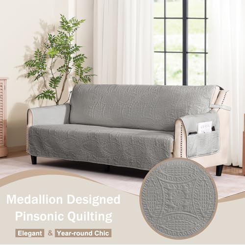 Image of Quilted Cool Gray Sofa Slipcovers with Pockets, Anti-Slip Medallion Couch Covers for 3 Cushion Sofa, Couch Cover for Dogs Cats Water-Repellent Machine Washable (Large Sofa 68 inch, Cool Gray)