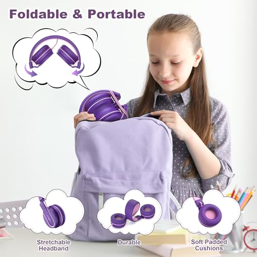 Image of Kids Headphones for School with Microphone, 93dB Volume Limited, PinkPurple | Wired On Ear Headphones for Girls Boys, Foldable Lightweight Headphone for Classroom Learning & Entertainment Travel Computer