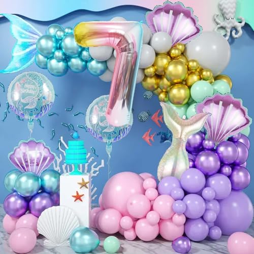 Image of Mermaid Birthday Decorations Mermaid Balloons - Number 7 Balloons for Girls Under The Sea Mermaid Theme Baby Shower Birthday Favors