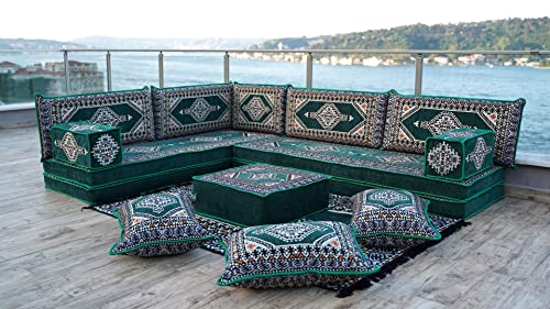 Green L Shaped Premium Quality Floor Sofa Set, Floor Cushions, Balcony Patio Sofas, Pallet Sofa, Ethnic Sofa, Moroccan Sofas, Sectional Sofas (L Sofa Full Set) #TOP18