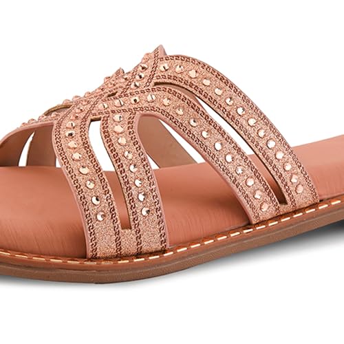 Image of Centrino Women's Beaded Flat Sandals| Open Toe Stylish Slip-On Sandals for Ladies | Metallic Crisscross Straps with Soft Cushioned Footbed for Comfort | Lightweight Casual Fashion Footwear (9305)