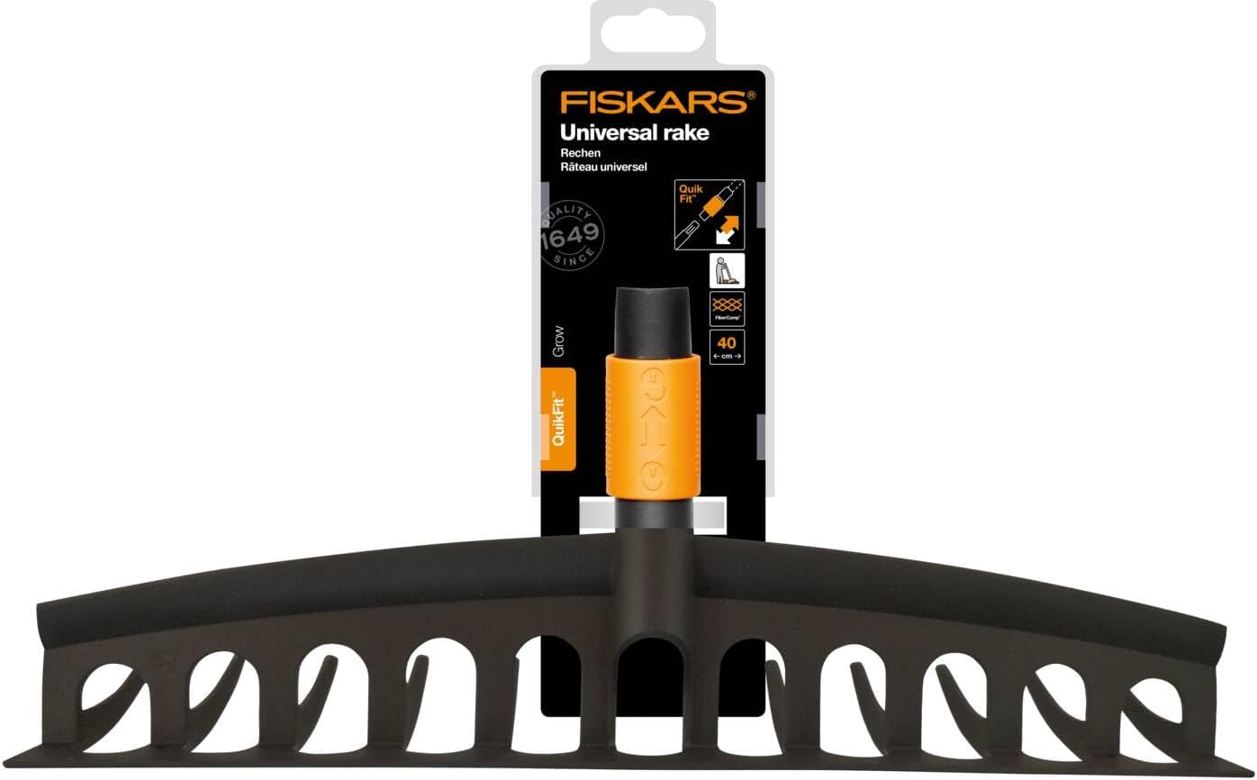 Fiskars Rake with 12 Prongs, Tool Head, Width: 41 cm, Glass Fibre Reinforced Plastic Prongs, Black/Orange, QuikFit, 1000643