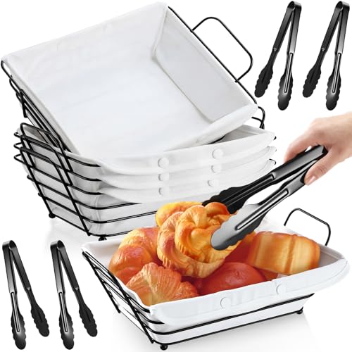 Ferrochef 4 Pack Wire Bread Basket Set Metal Square Serving & Storage Container with Removable Liner and Tongs Must-have for Serving Dinner Feast(Black,30 * 20 * 10 cm,Bright)