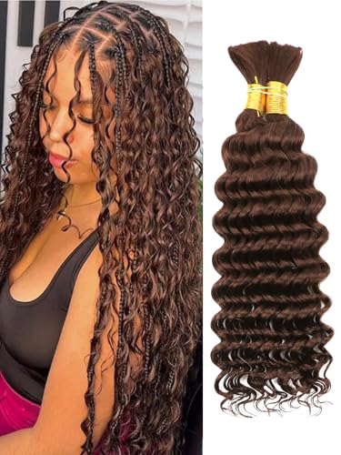Chocolate Brown Human Braiding Hair Deep Wave Bulk...