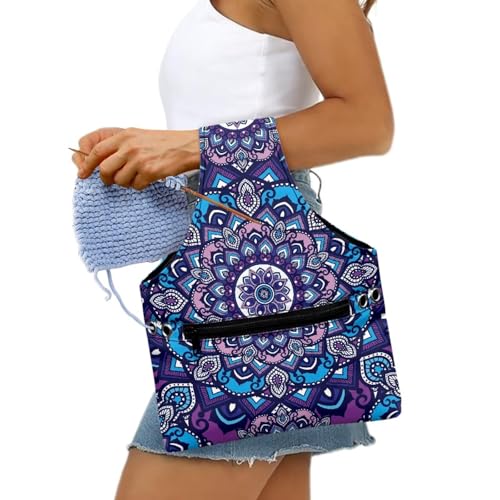 Image of ZUXONGSY Mandala Yarn Bags for Knitting Retro Floral Yarn Tote Bag for Women Floral Portable Knitting Project HanbBag for Crochet Hooks