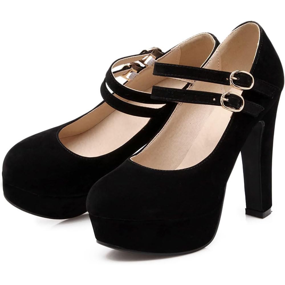 Zapatos de tacón alto con correa de tobillo doble de gamuza clásica, zapatos de fiesta de vestir con punta redonda y bloque grueso para mujer muslo/D/38EU