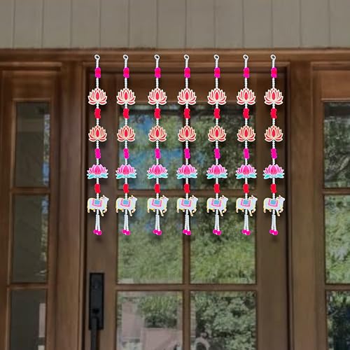 Image of Rajasthan Kraft Decorative Beads Hanging, Pack of - 6, with Lotus, Pom Pom & MDF Cow, for Beads, Size - 28 * 4 Inch, Perfect Used for - Home Decor, Festival Decoration & Wedding Decoration, (36805-6)