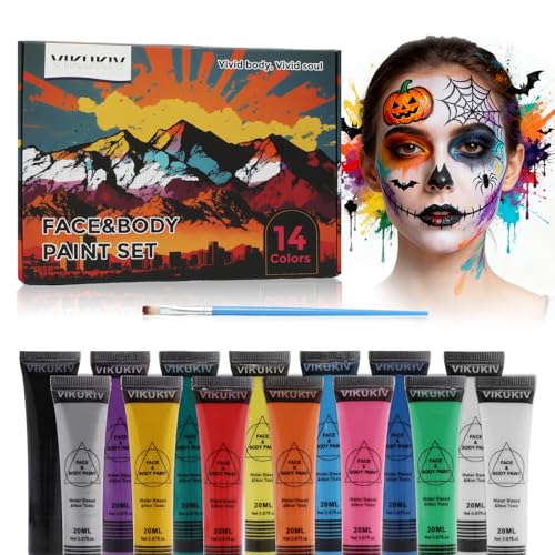VIKUKIV 14 Colors Face Body Paint Kit Professional Water Based Face Painting for Adults and Kids Multi-Color Special Effects Makeup Set for Halloween Christmas Party Cosplay 0.7OZ Each