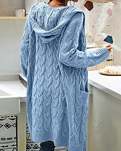 Image of Women Hooded Open Front Cardigan Cable Knit Chunky Long Sweater Coats | solid color, cable knit ,long duster cardigan,chunky coatigan,winter ,falll ,side pockets