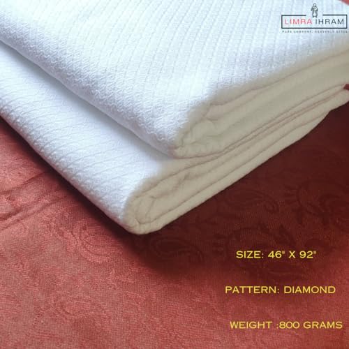 Image of LIMRA Premium Men's White Cotton Ihram Set for Hajj and Umrah | 2-Piece Quality Cloth | Free Size 46 inch X 92 inch - Divine Comfort! (Diamond)