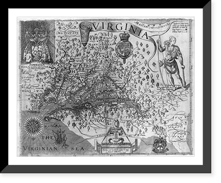 Historic Framed Print, Virginia.discovered and discribed [sic] by Captan [sic] John Smith, 1606; graven by William Hole, Image: 16" x 20"