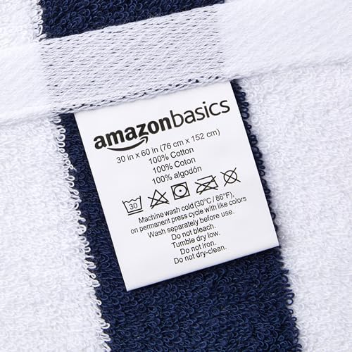 Image of Amazon Basics 100% Cotton Soft & Absorbent Beach Towels, Cabana Stripe, Fast Drying, Machine Washable, Large 30 in x 60 in, Navy Blue, 4-Pack