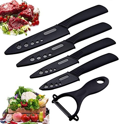 Ceramic Knife Set with Sheaths Black Set 5 Piece Kitchen Ceramic Knife 6" Chef Knife, 5" Utility Knife, 4" Fruit Knife, 3" Paring Knife, One Peeler