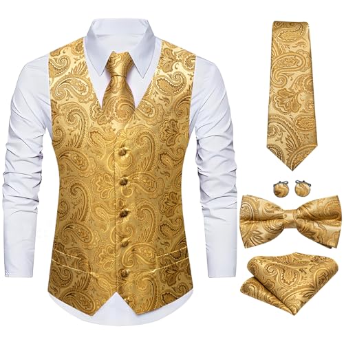 Image of Barry.Wang Men's Suit Vest Tie Bowtie Set Formal Silk Paisley Waistcoat Hanky Cufflinks Lapel Pin Set Wedding Party 7PCS
